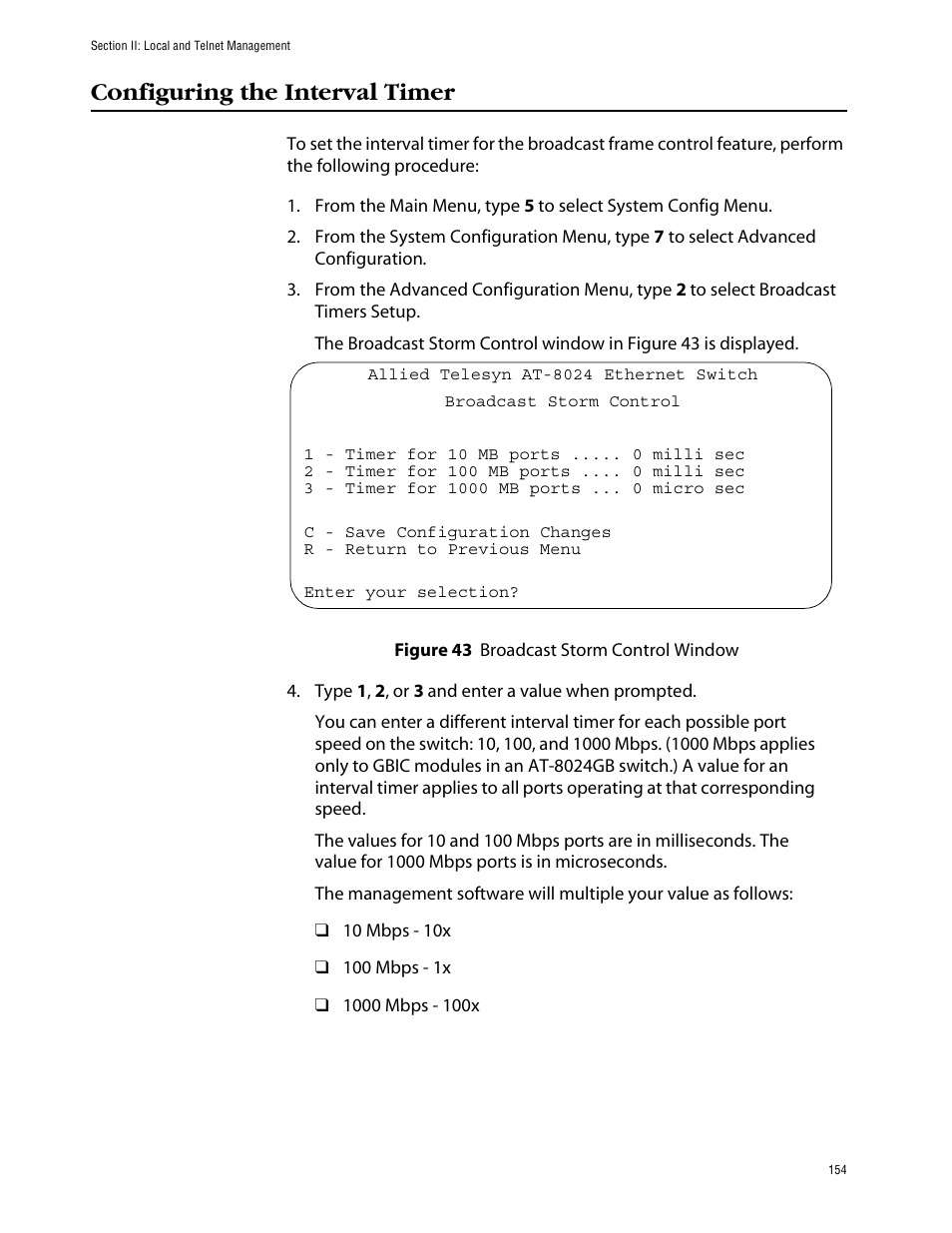 Configuring the interval timer, Figure 43: broadcast storm control window | Allied Telesis AT-S39 User Manual | Page 154 / 242