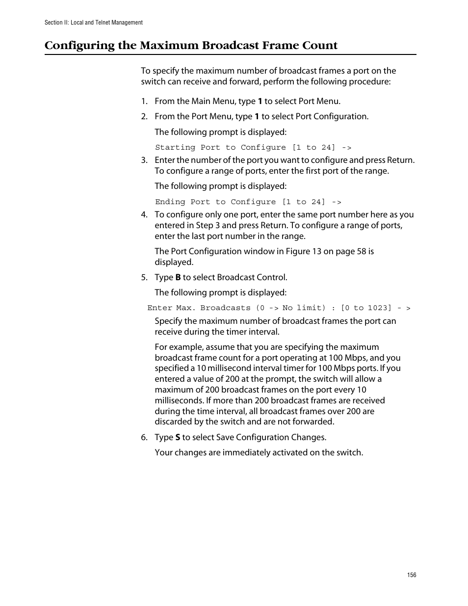 Configuring the maximum broadcast frame count | Allied Telesis AT-S39 User Manual | Page 156 / 242