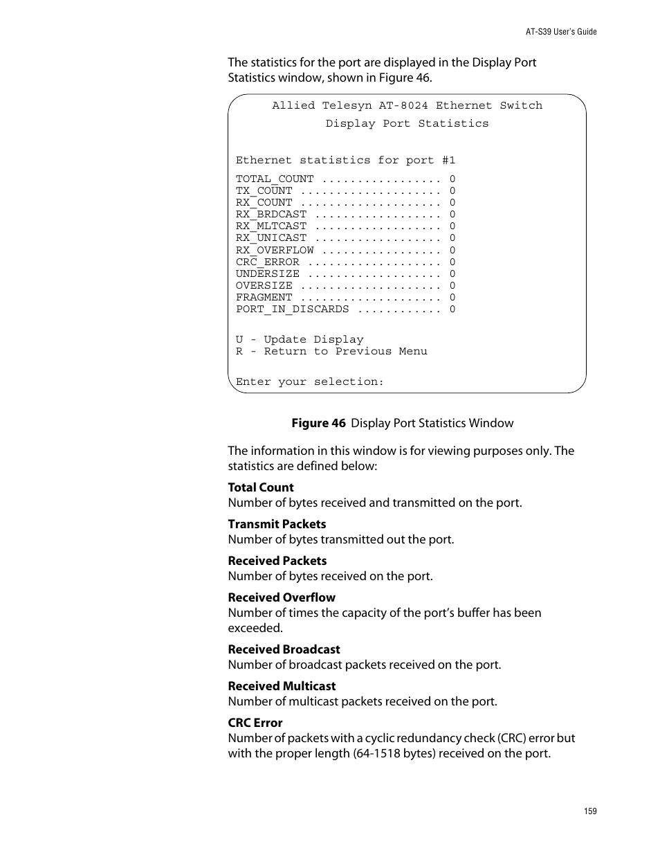Figure 46: display port statistics window | Allied Telesis AT-S39 User Manual | Page 159 / 242