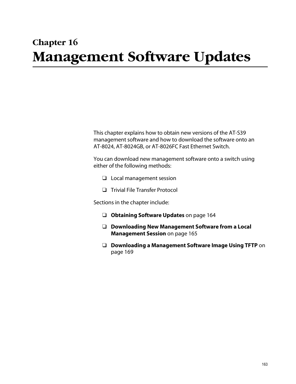 Chapter 16, Management software updates | Allied Telesis AT-S39 User Manual | Page 163 / 242