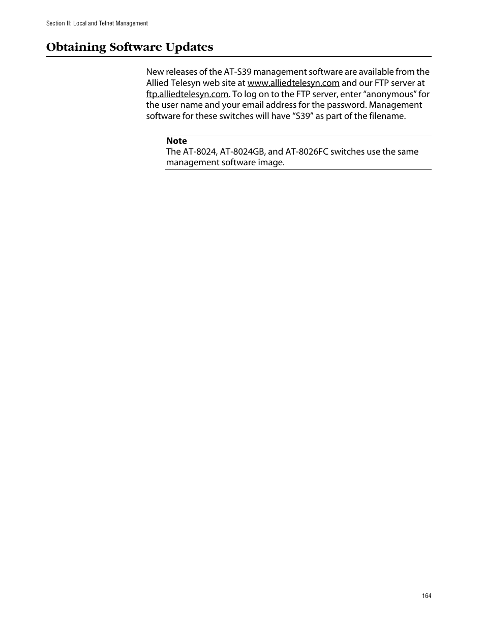 Obtaining software updates | Allied Telesis AT-S39 User Manual | Page 164 / 242