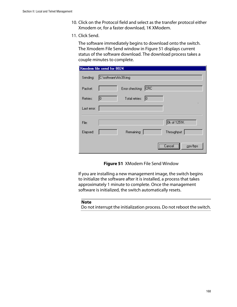 Figure 51: xmodem file send window | Allied Telesis AT-S39 User Manual | Page 168 / 242