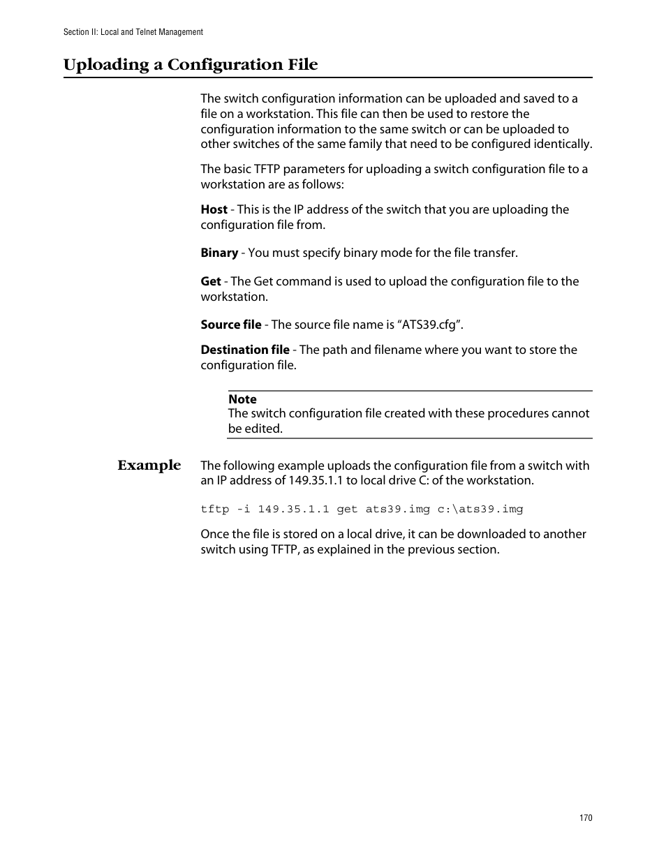 Uploading a configuration file, Example | Allied Telesis AT-S39 User Manual | Page 170 / 242