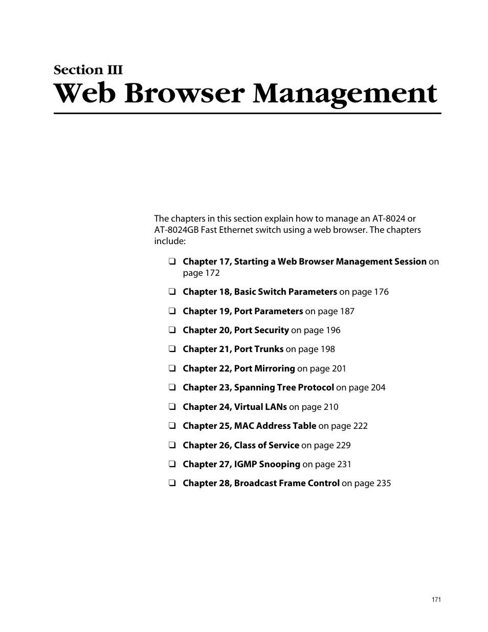 Section iii, Web browser management, Section iii web browser management | Allied Telesis AT-S39 User Manual | Page 171 / 242