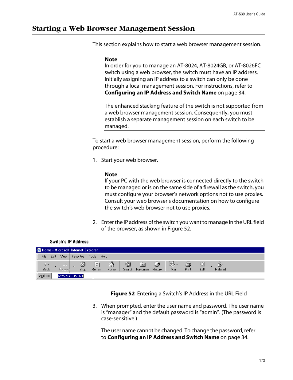 Starting a web browser management session | Allied Telesis AT-S39 User Manual | Page 173 / 242