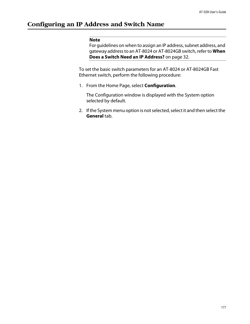 Configuring an ip address and switch name | Allied Telesis AT-S39 User Manual | Page 177 / 242