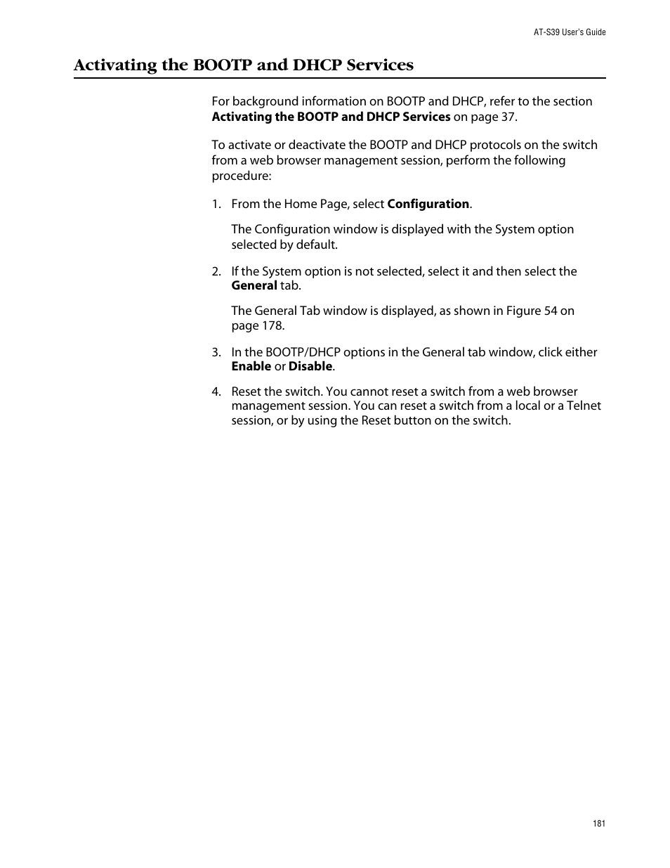 Activating the bootp and dhcp services | Allied Telesis AT-S39 User Manual | Page 181 / 242
