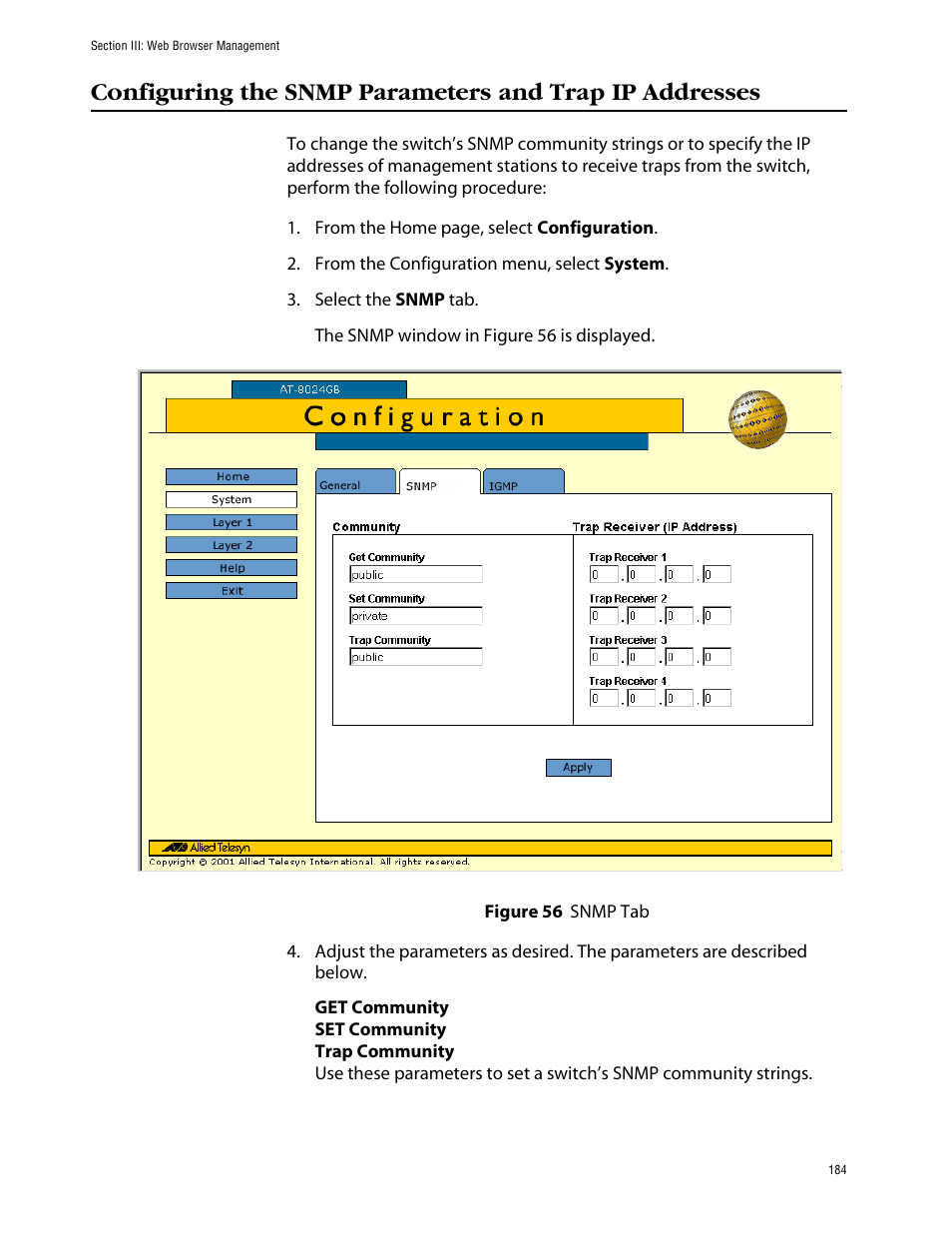 Figure 56: snmp tab | Allied Telesis AT-S39 User Manual | Page 184 / 242