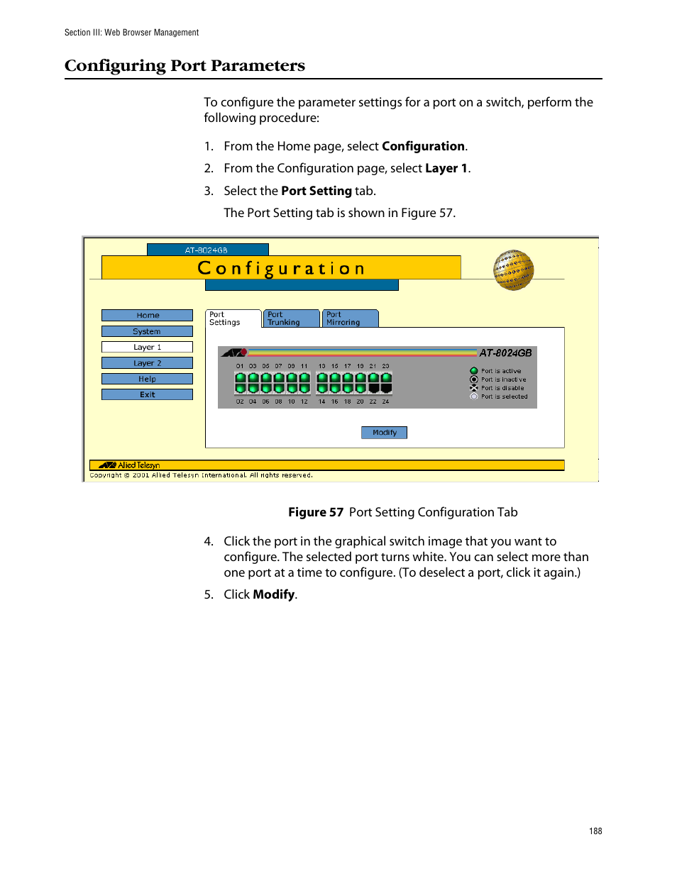 Configuring port parameters, Figure 57: port setting configuration tab | Allied Telesis AT-S39 User Manual | Page 188 / 242