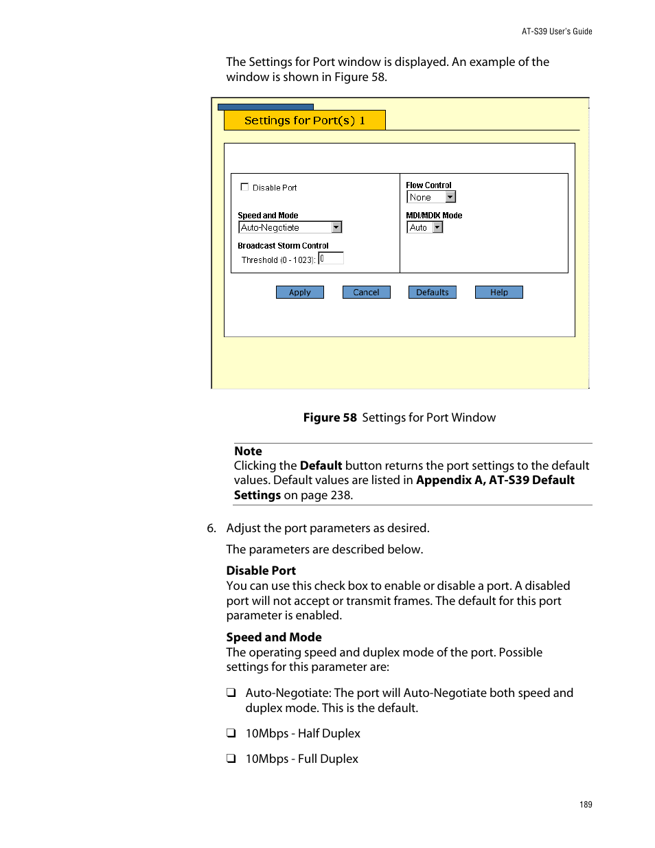Figure 58: settings for port window | Allied Telesis AT-S39 User Manual | Page 189 / 242