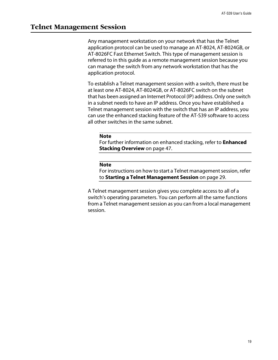 Telnet management session | Allied Telesis AT-S39 User Manual | Page 19 / 242