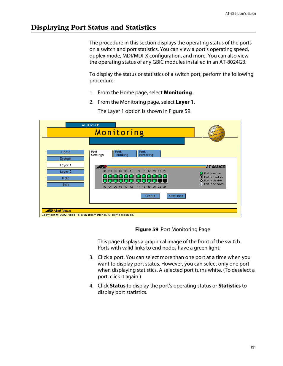 Displaying port status and statistics | Allied Telesis AT-S39 User Manual | Page 191 / 242