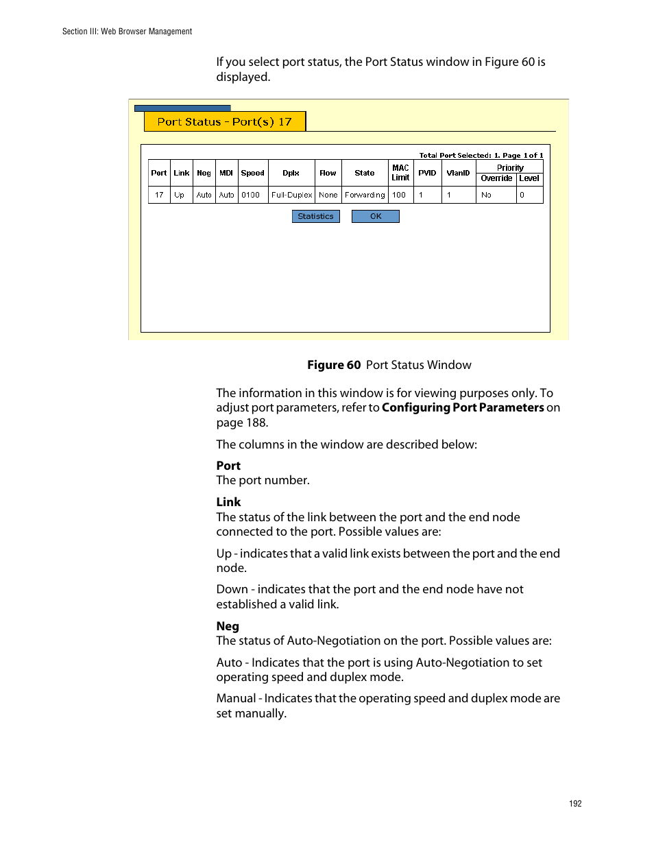 Figure 60: port status window | Allied Telesis AT-S39 User Manual | Page 192 / 242