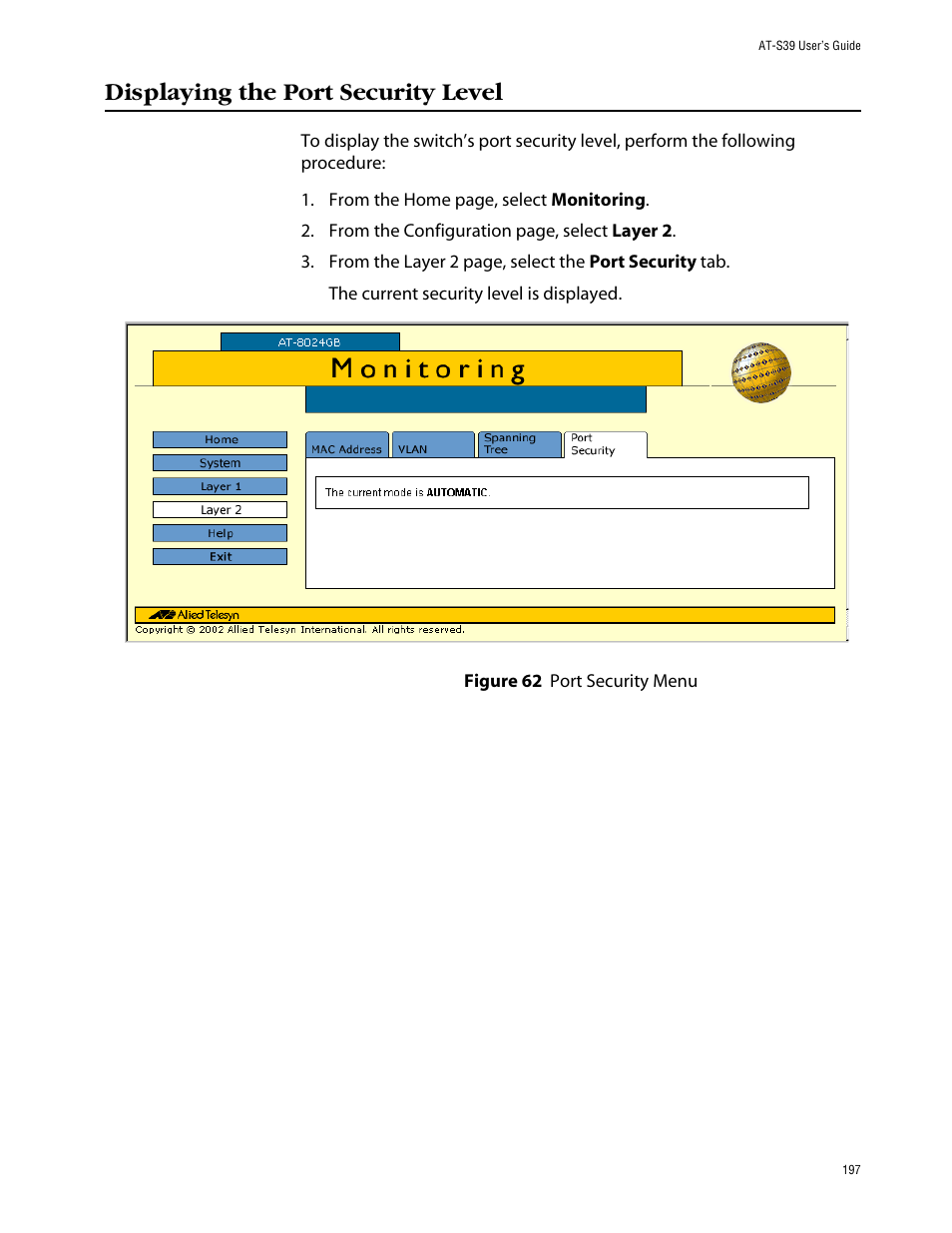 Displaying the port security level, Figure 62: port security menu | Allied Telesis AT-S39 User Manual | Page 197 / 242
