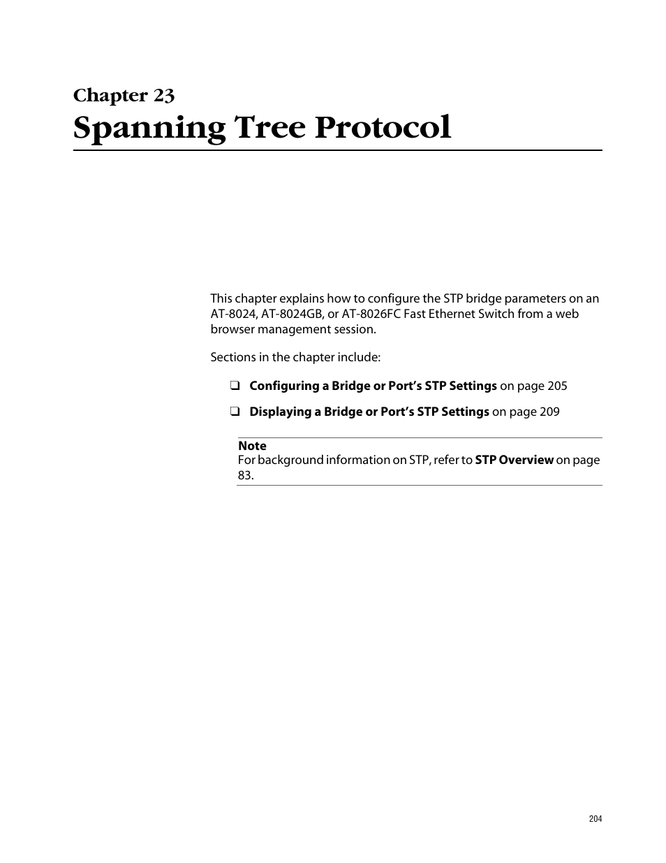 Chapter 23, Spanning tree protocol | Allied Telesis AT-S39 User Manual | Page 204 / 242