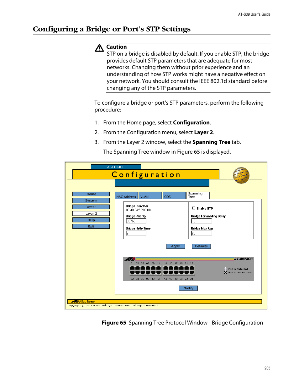 Configuring a bridge or port’s stp settings | Allied Telesis AT-S39 User Manual | Page 205 / 242