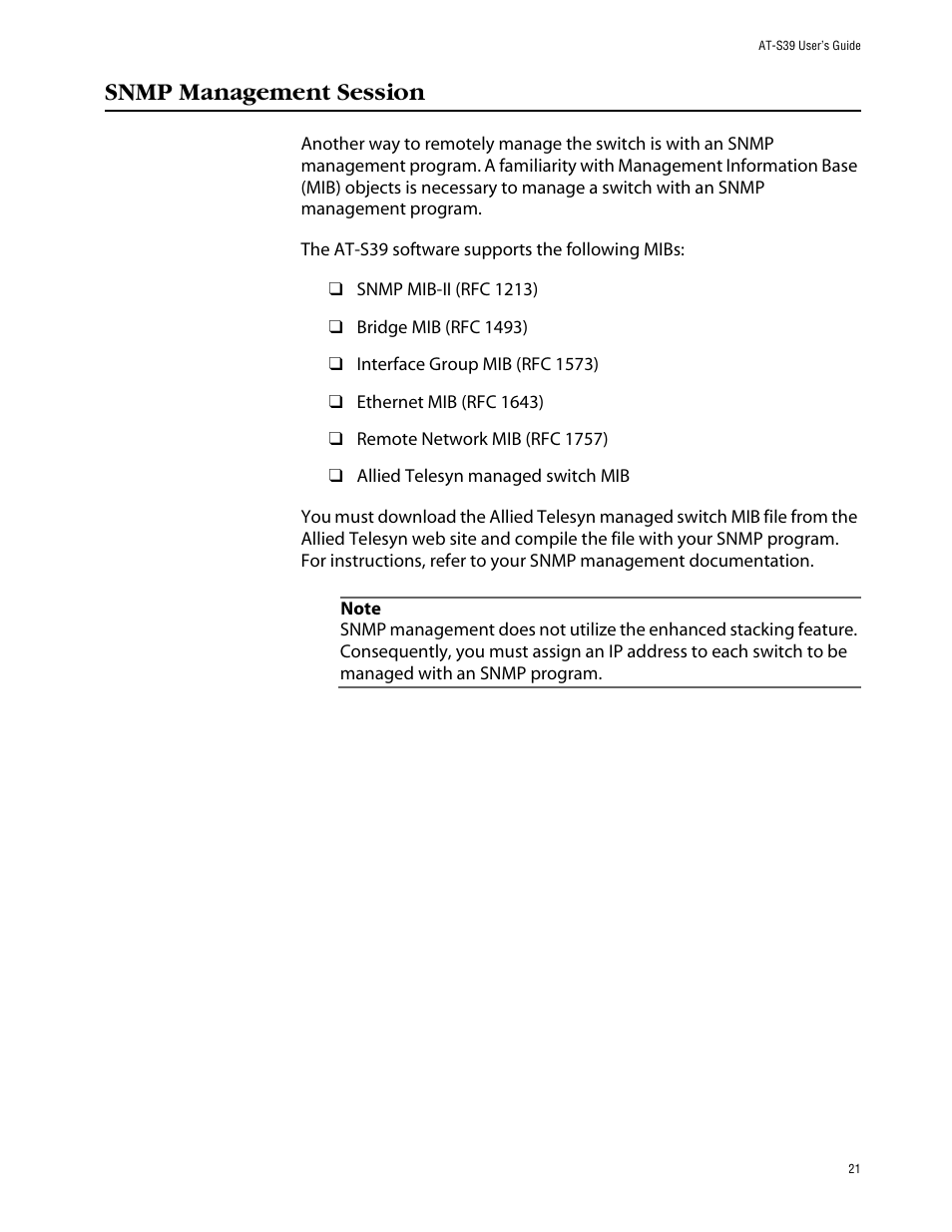 Snmp management session | Allied Telesis AT-S39 User Manual | Page 21 / 242