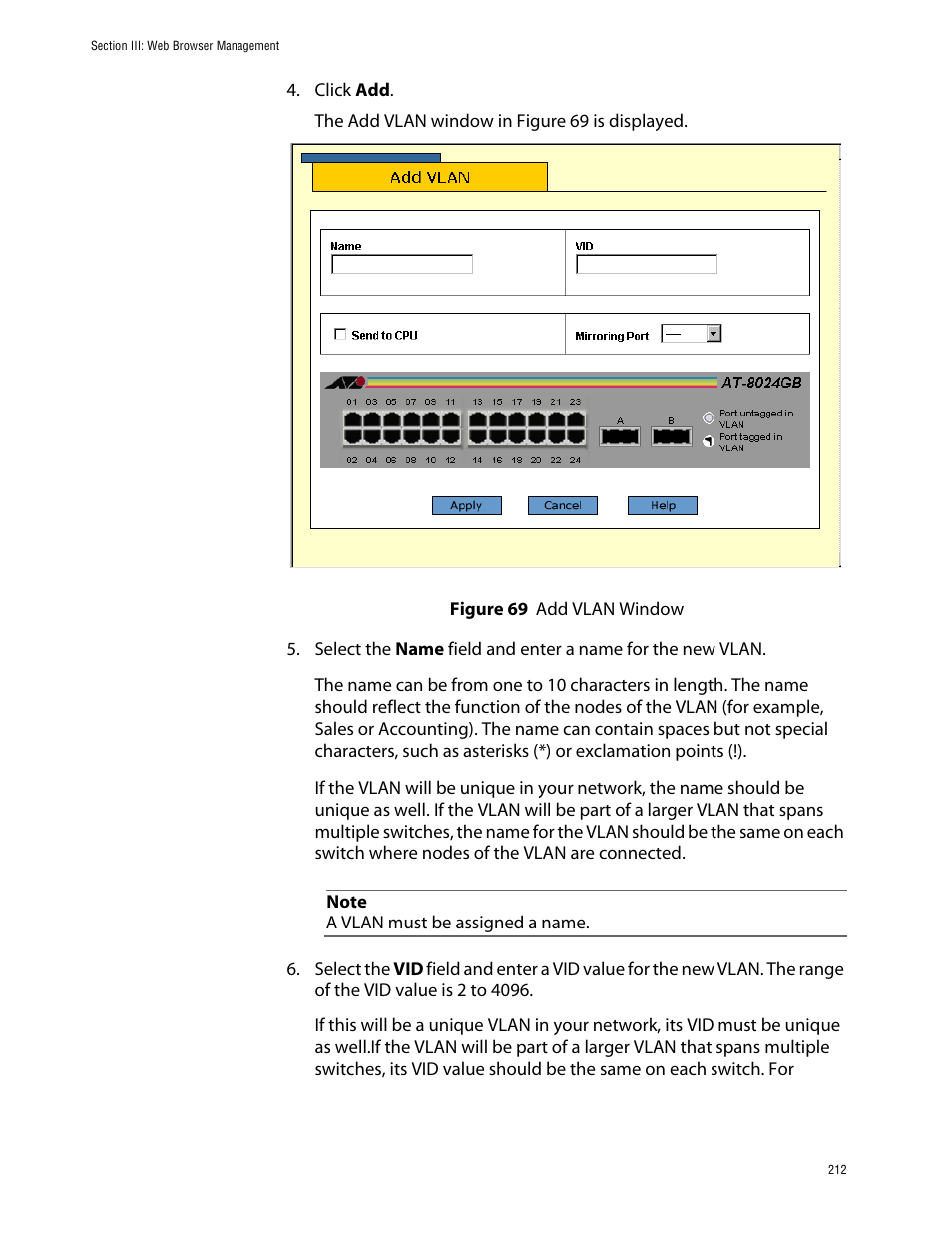 Figure 69: add vlan window | Allied Telesis AT-S39 User Manual | Page 212 / 242