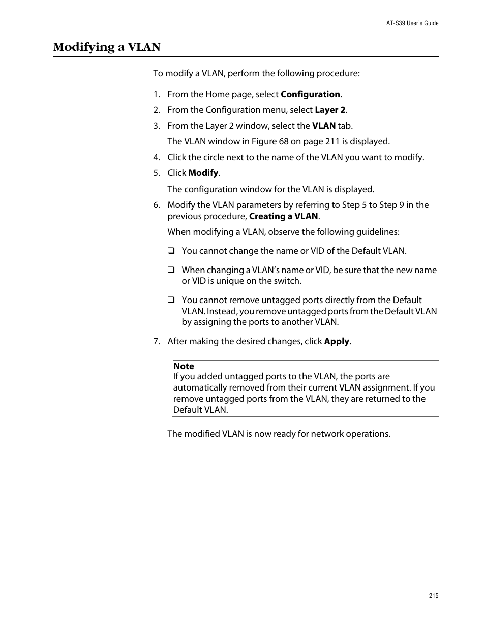 Modifying a vlan | Allied Telesis AT-S39 User Manual | Page 215 / 242