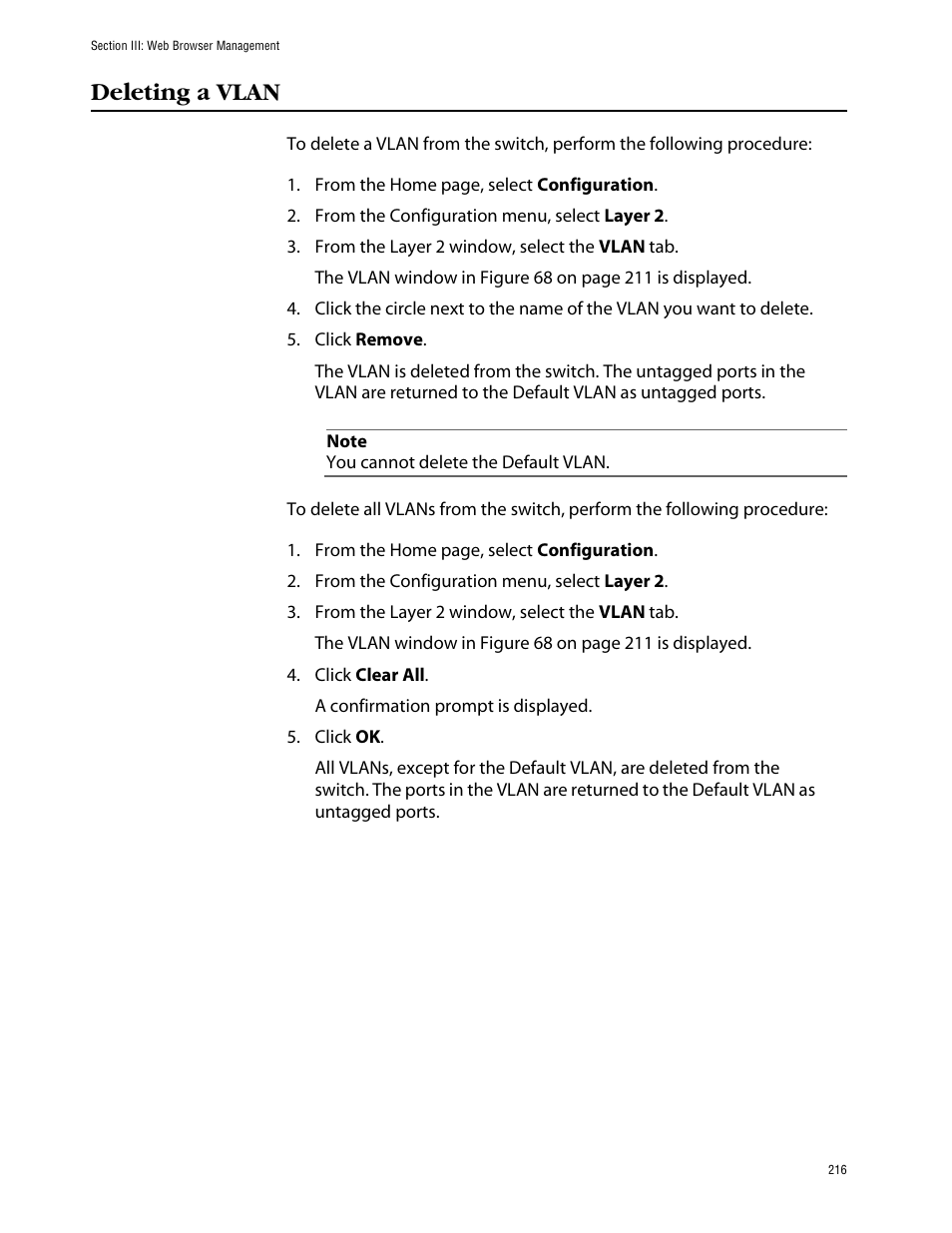 Deleting a vlan | Allied Telesis AT-S39 User Manual | Page 216 / 242