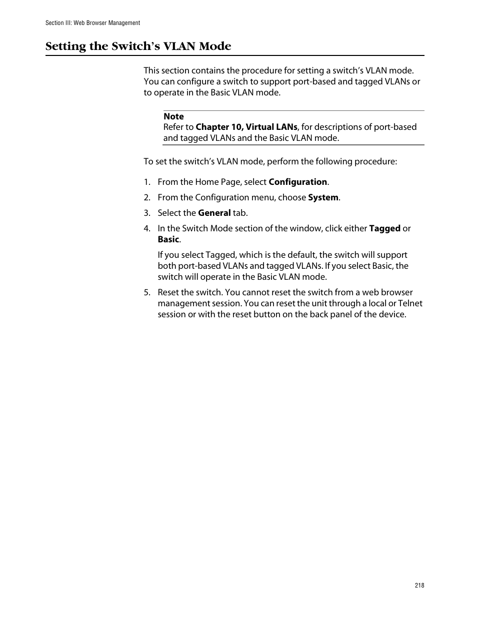 Setting the switch’s vlan mode | Allied Telesis AT-S39 User Manual | Page 218 / 242