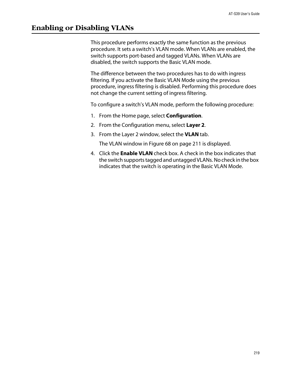 Enabling or disabling vlans | Allied Telesis AT-S39 User Manual | Page 219 / 242