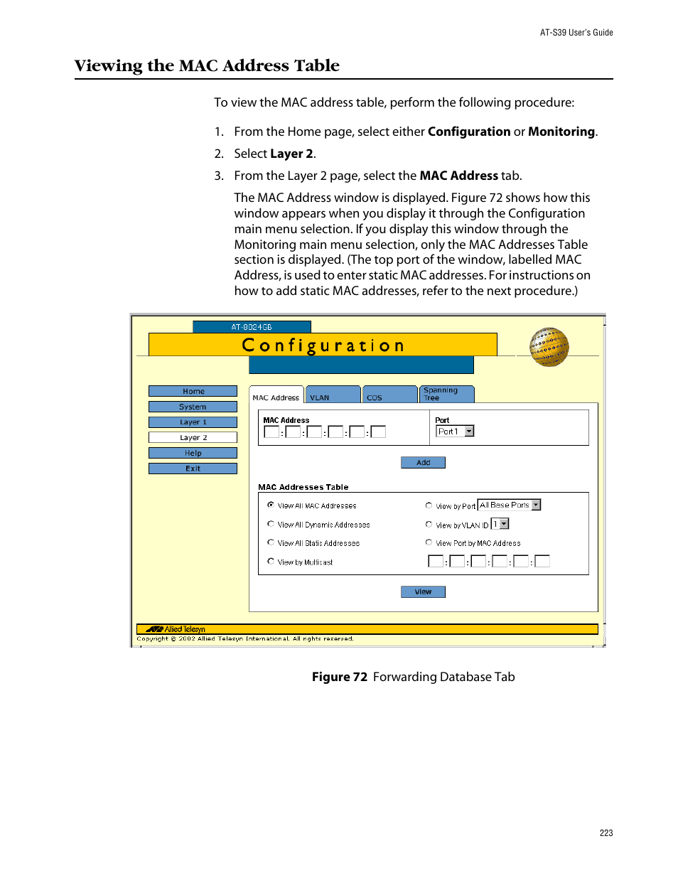 Viewing the mac address table, Figure 72: forwarding database tab | Allied Telesis AT-S39 User Manual | Page 223 / 242