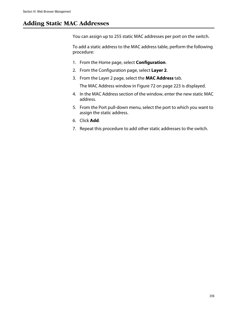Adding static mac addresses | Allied Telesis AT-S39 User Manual | Page 226 / 242