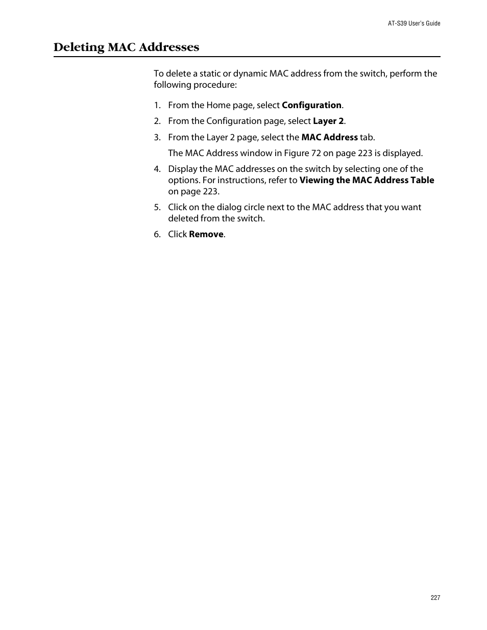 Deleting mac addresses | Allied Telesis AT-S39 User Manual | Page 227 / 242