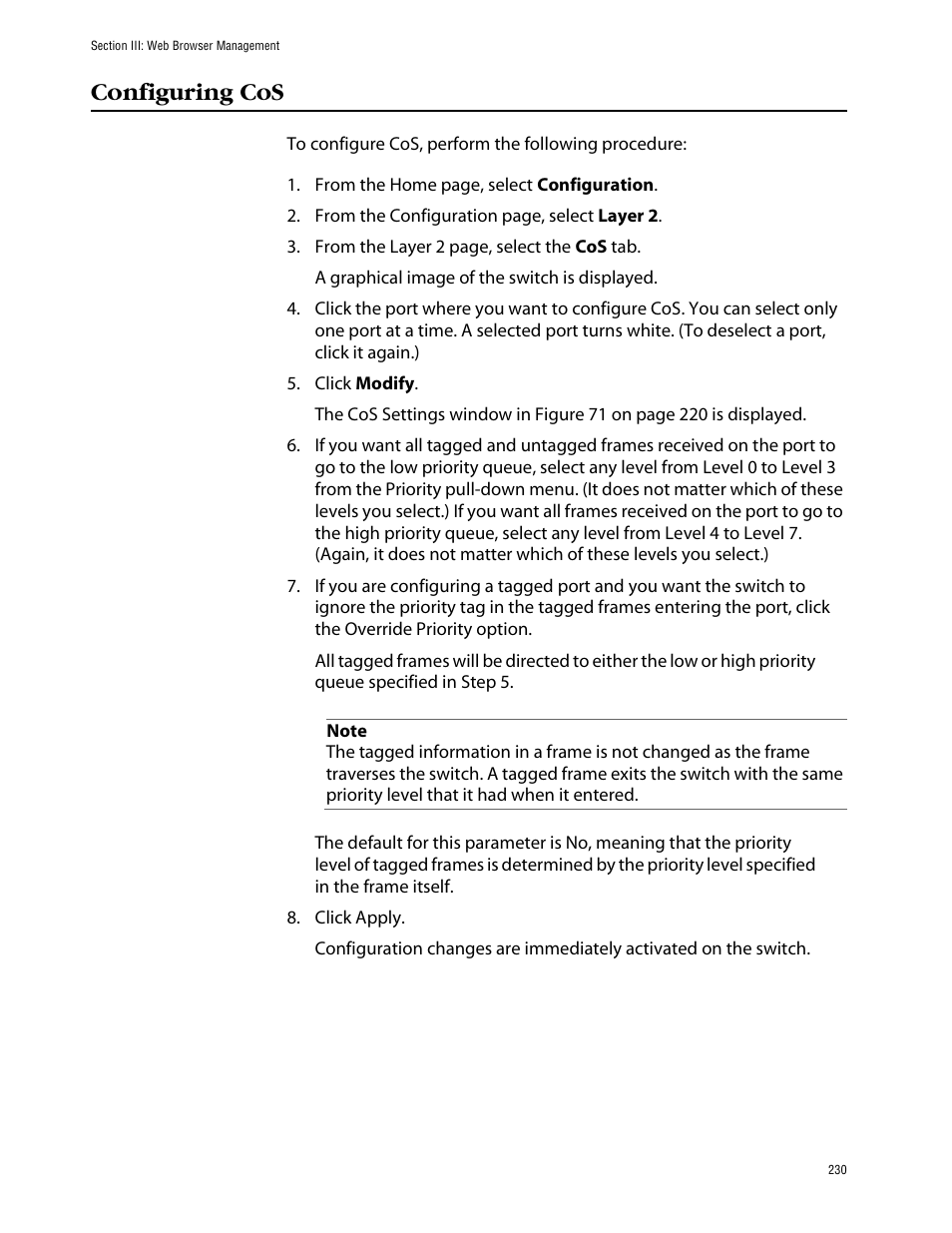 Configuring cos | Allied Telesis AT-S39 User Manual | Page 230 / 242