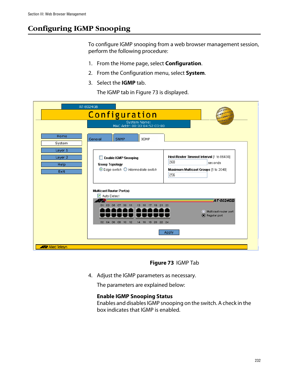 Configuring igmp snooping, Igmp tab | Allied Telesis AT-S39 User Manual | Page 232 / 242