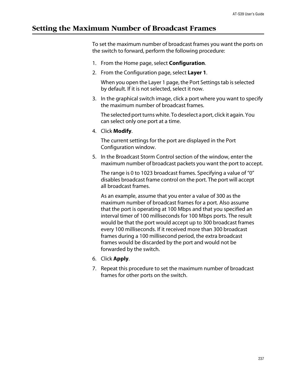 Setting the maximum number of broadcast frames | Allied Telesis AT-S39 User Manual | Page 237 / 242