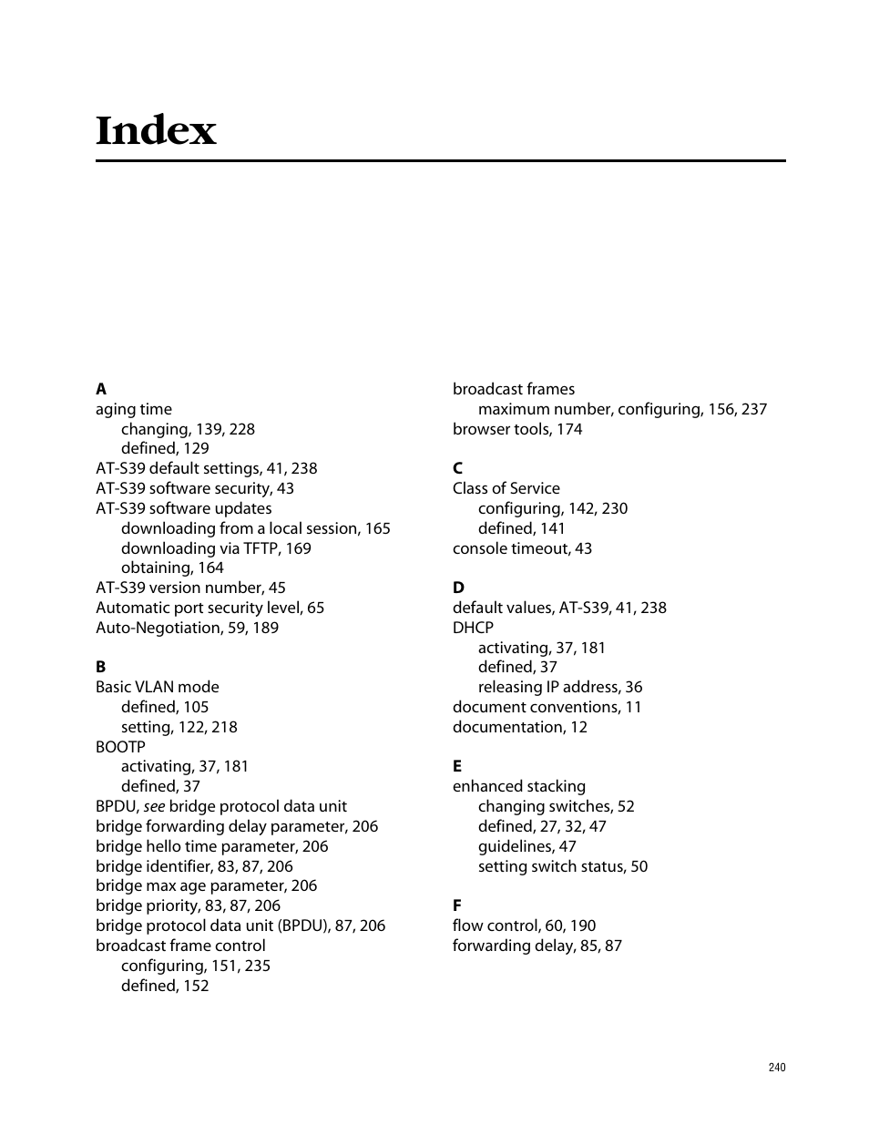 Index | Allied Telesis AT-S39 User Manual | Page 240 / 242