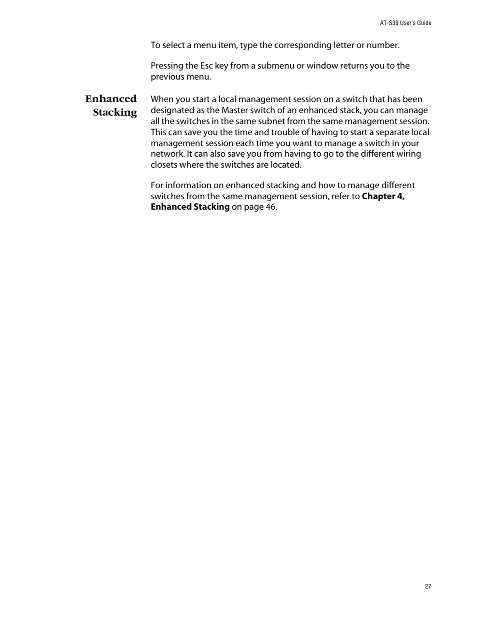 Enhanced stacking | Allied Telesis AT-S39 User Manual | Page 27 / 242
