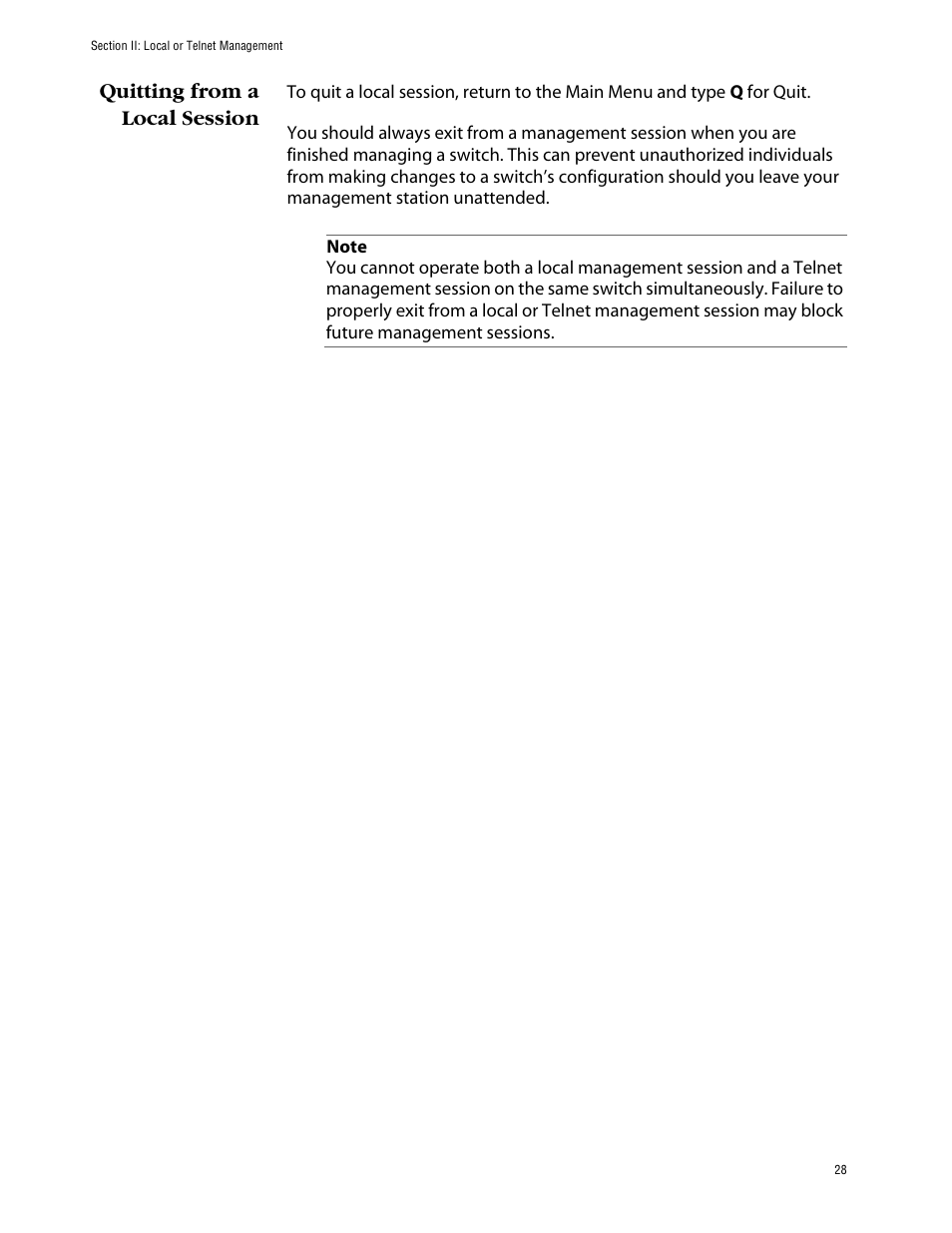 Quitting from a local session | Allied Telesis AT-S39 User Manual | Page 28 / 242