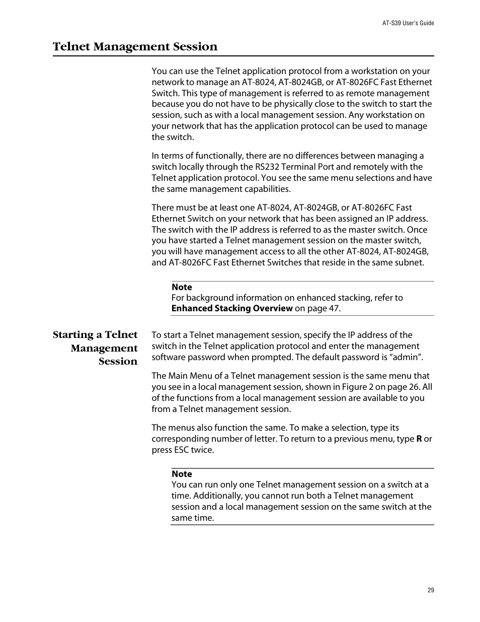 Telnet management session, Starting a telnet management session | Allied Telesis AT-S39 User Manual | Page 29 / 242