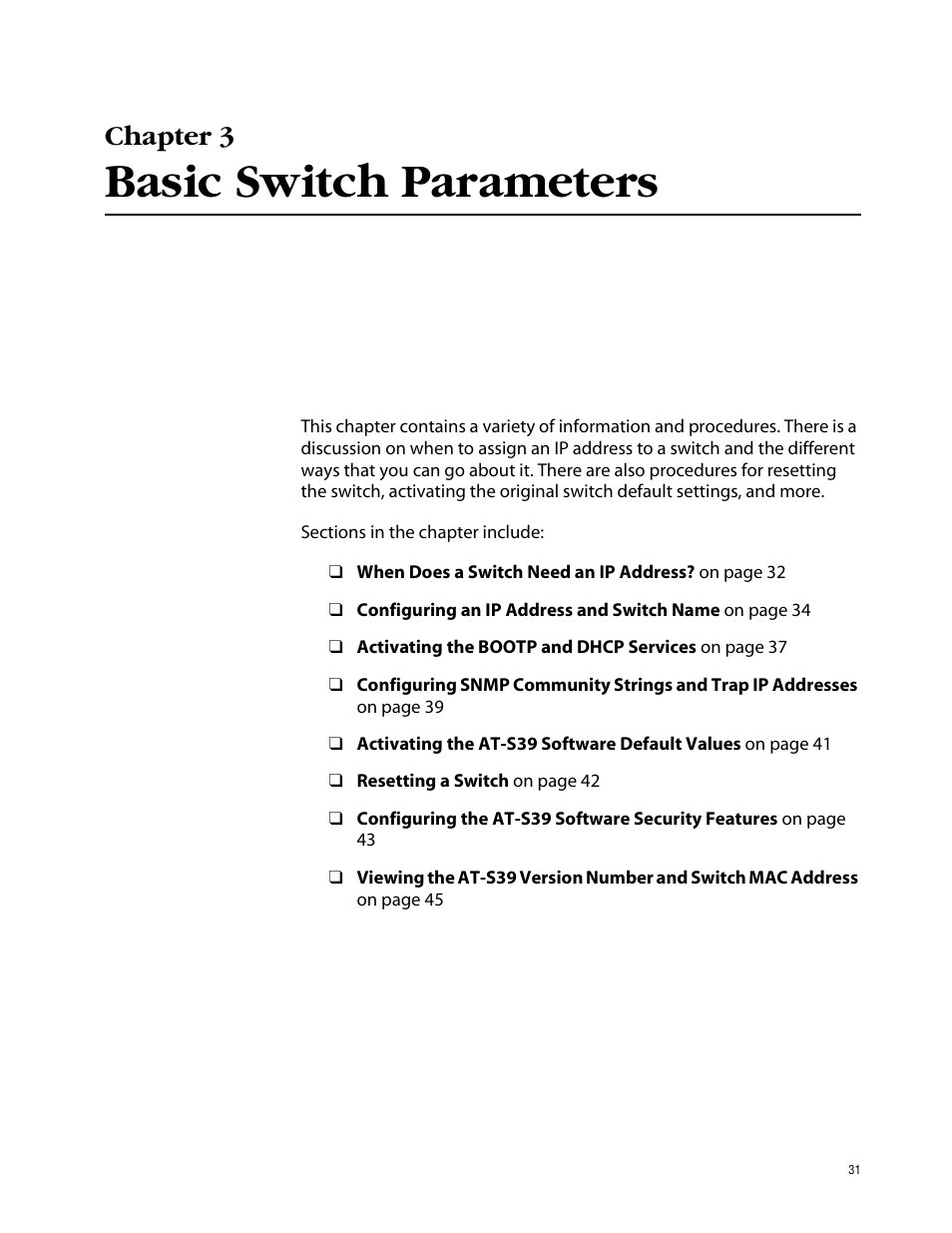Chapter 3, Basic switch parameters | Allied Telesis AT-S39 User Manual | Page 31 / 242