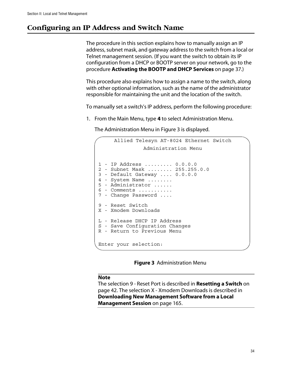 Configuring an ip address and switch name, Figure 3: administration menu | Allied Telesis AT-S39 User Manual | Page 34 / 242