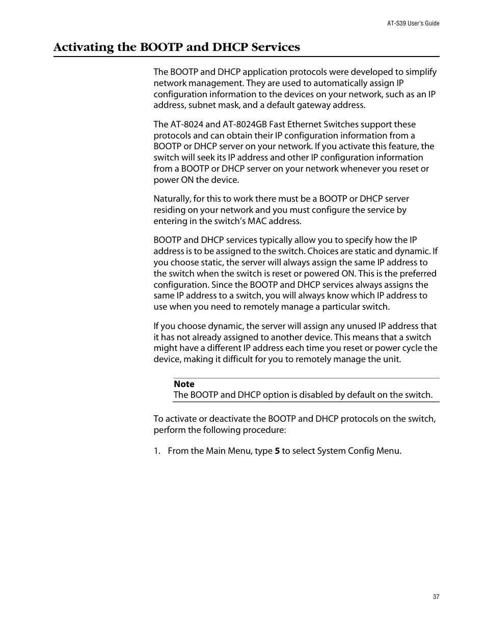 Activating the bootp and dhcp services | Allied Telesis AT-S39 User Manual | Page 37 / 242