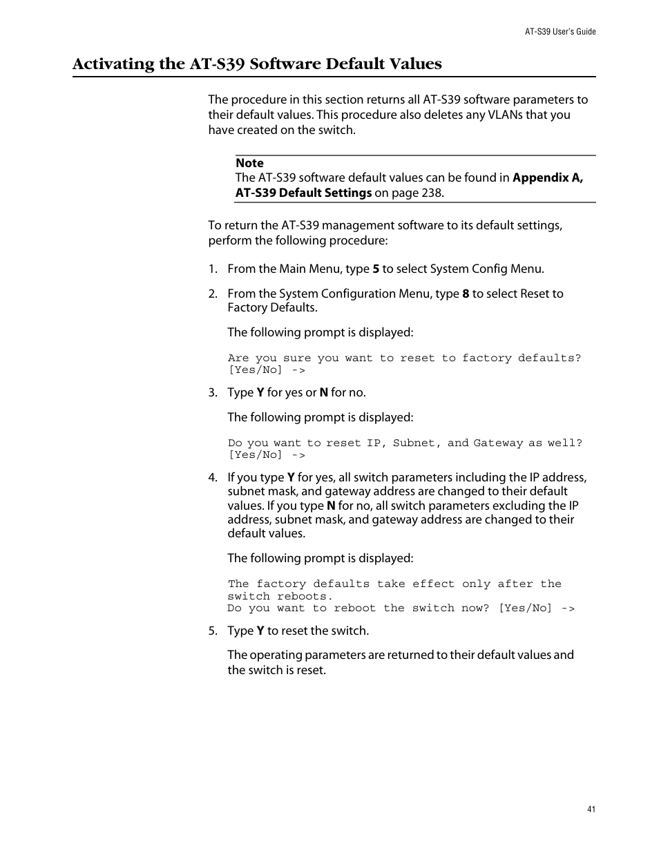 Activating the at-s39 software default values | Allied Telesis AT-S39 User Manual | Page 41 / 242