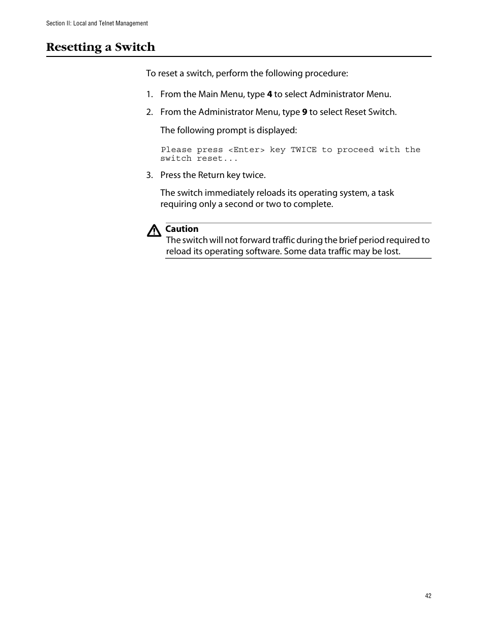 Resetting a switch | Allied Telesis AT-S39 User Manual | Page 42 / 242