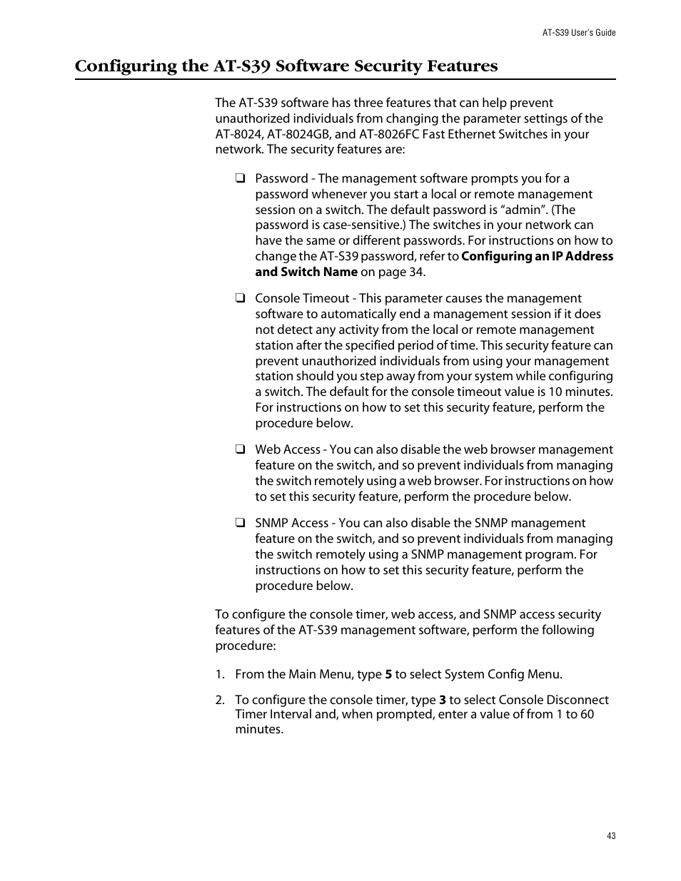 Configuring the at-s39 software security features | Allied Telesis AT-S39 User Manual | Page 43 / 242