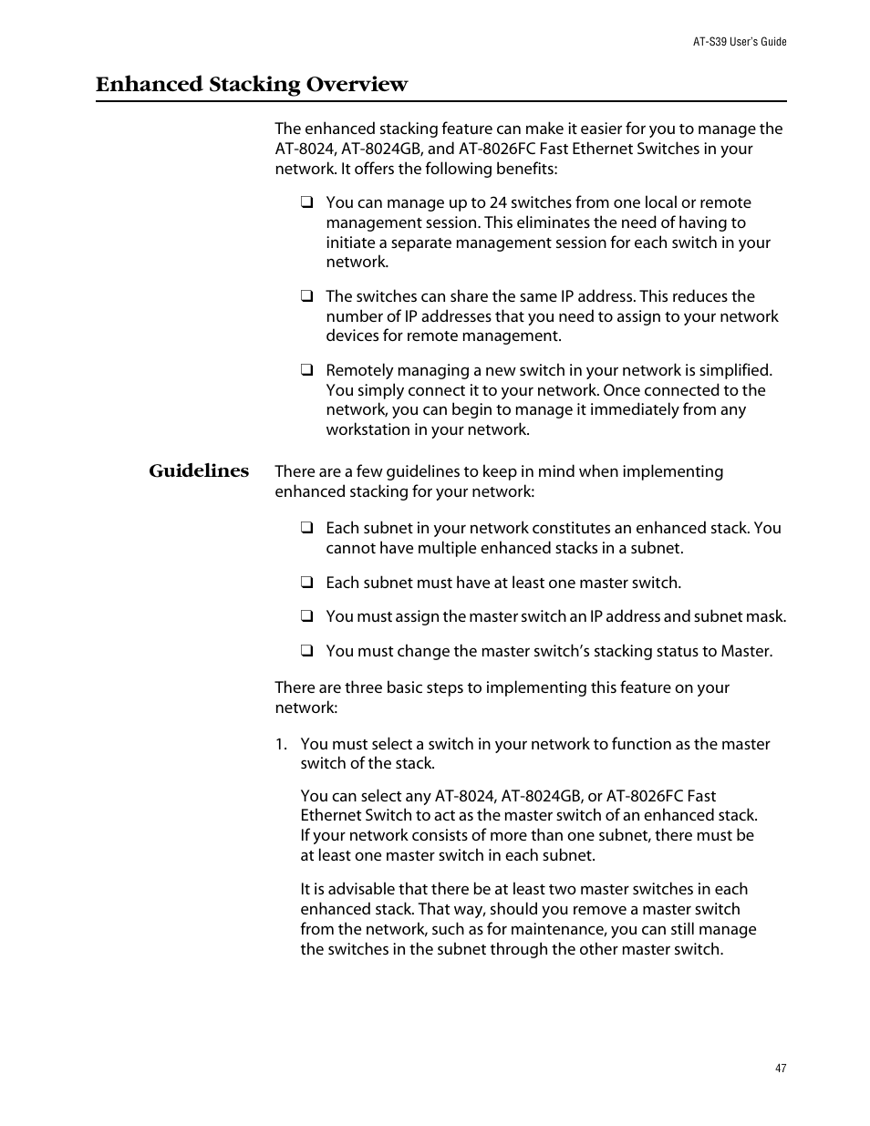 Enhanced stacking overview, Guidelines | Allied Telesis AT-S39 User Manual | Page 47 / 242