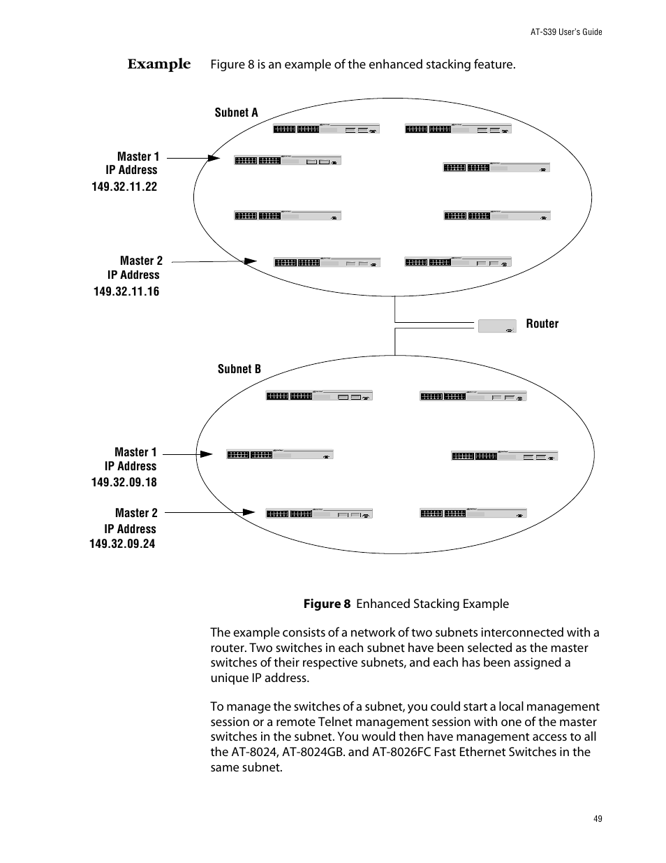 Example, Figure 8: enhanced stacking example | Allied Telesis AT-S39 User Manual | Page 49 / 242