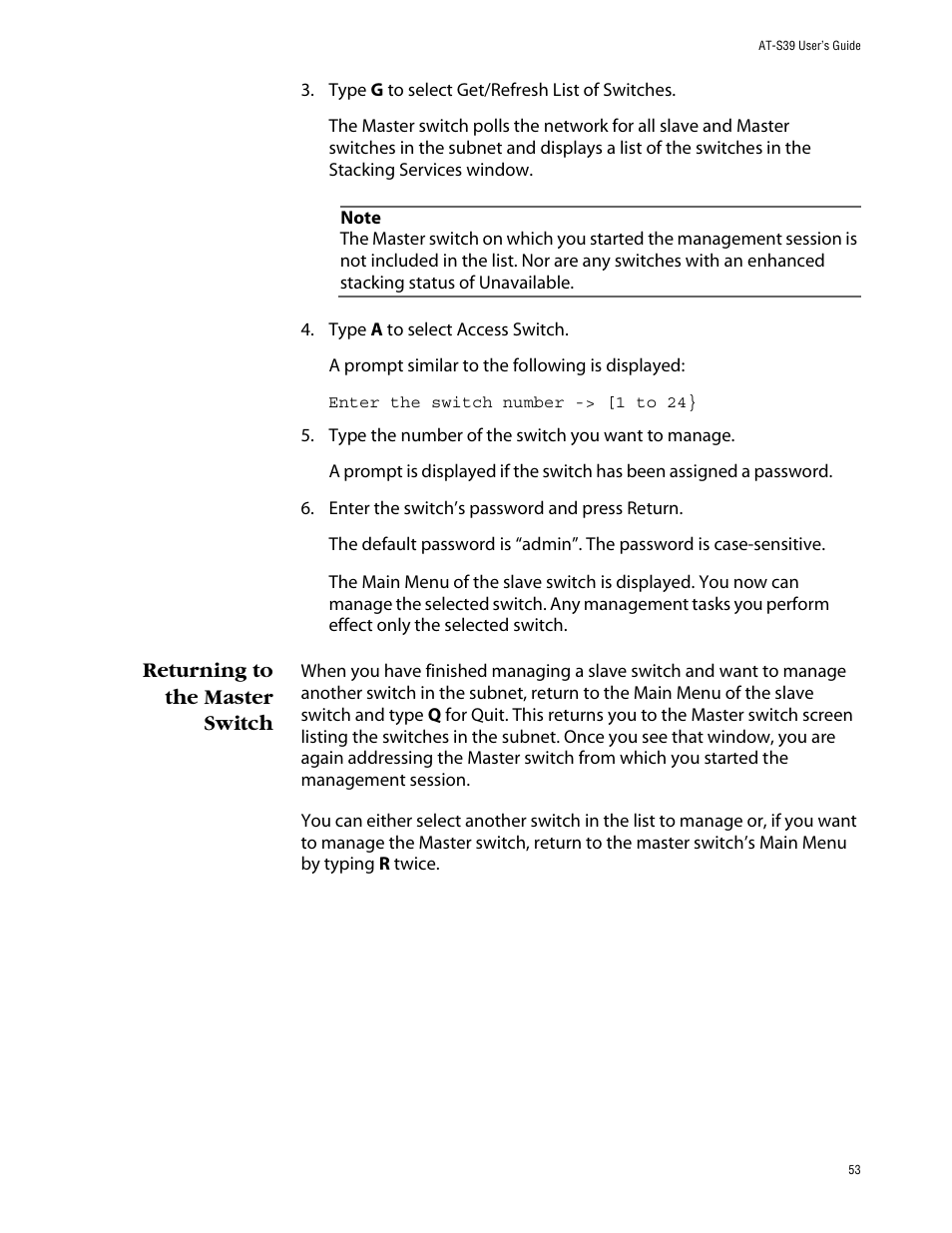 Returning to the master switch | Allied Telesis AT-S39 User Manual | Page 53 / 242