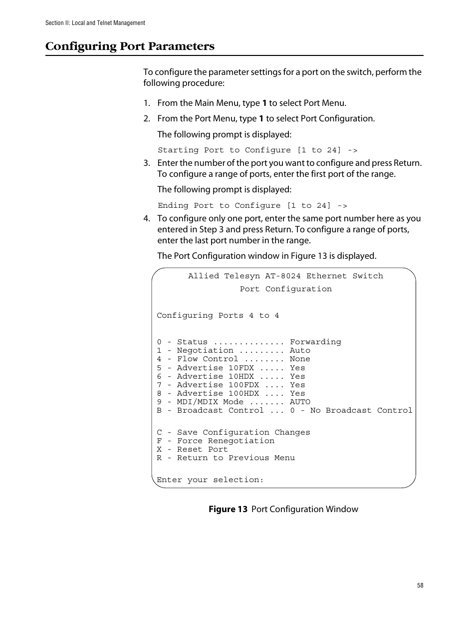 Configuring port parameters, Figure 13: port configuration window | Allied Telesis AT-S39 User Manual | Page 58 / 242