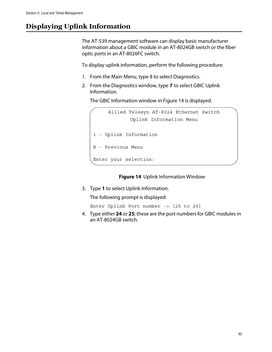 Displaying uplink information, Figure 14: uplink information window | Allied Telesis AT-S39 User Manual | Page 62 / 242