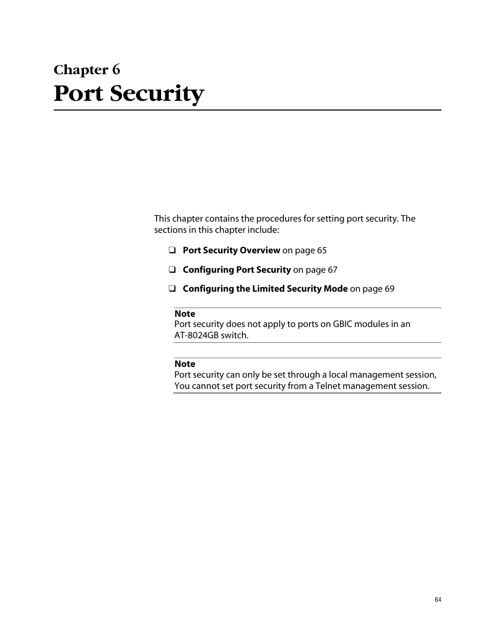 Chapter 6, Port security | Allied Telesis AT-S39 User Manual | Page 64 / 242