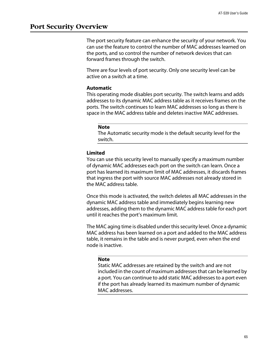 Port security overview | Allied Telesis AT-S39 User Manual | Page 65 / 242