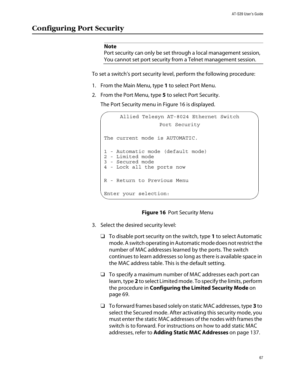 Configuring port security, Figure 16: port security menu | Allied Telesis AT-S39 User Manual | Page 67 / 242